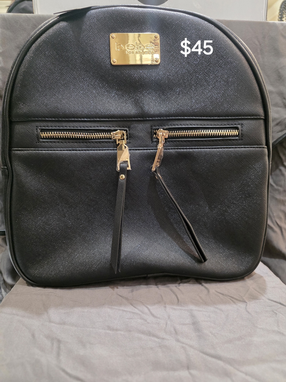 bebe Black Mini Backpack with Gold Plate and Zippers